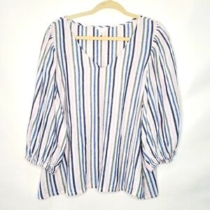Caslon Linen Blend Striped Puff Sleeve Top Size XL V-Neck Popover Casual Coastal